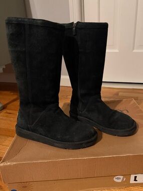 UGG Black Suede Mid-Calf Boots with Side Zip